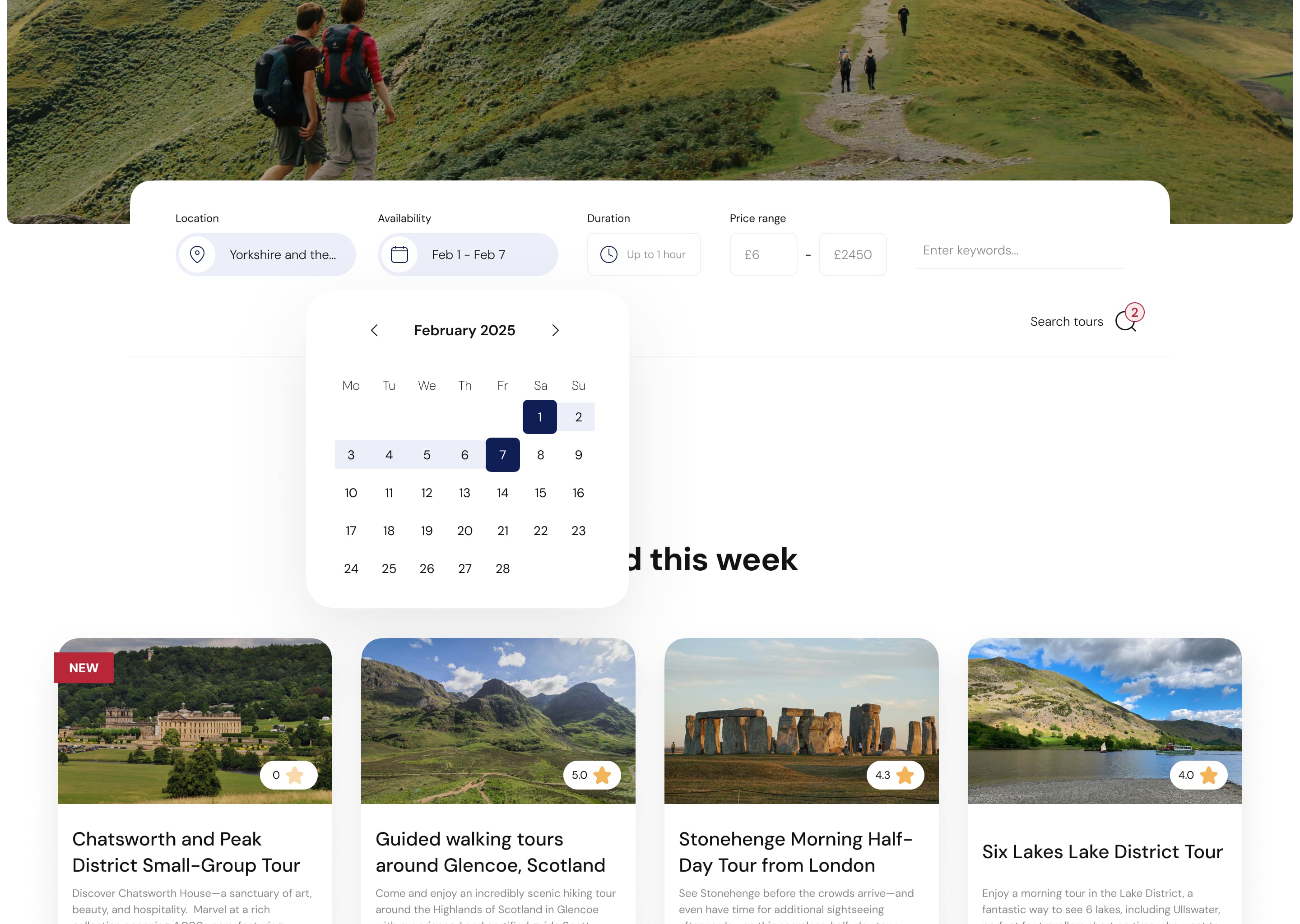A webpage showing tour options with an outdoor theme. A calendar filter displays February 1-7, 2025. Tour cards list locations in England and Scotland.